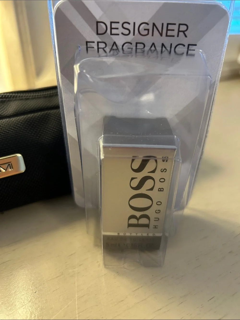 Tumi Black Toiletry & Accessory Pouch with Boss mini fragrance